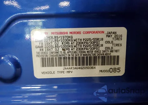 2016 Mitsubishi Outlander Sport Es from USA, damaged, VIN JA4AR3AU4GZ050364